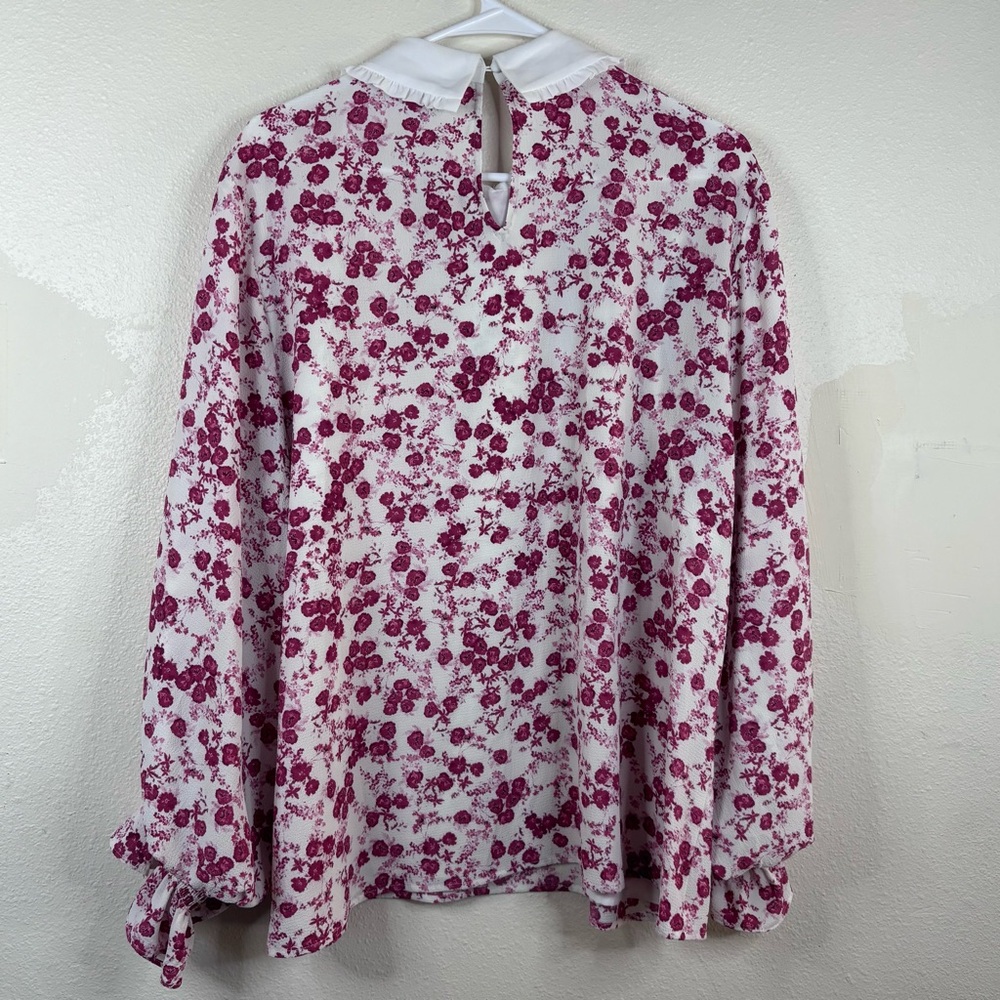 Cece Ditsy Floral Blouse White Pink Sz XL Bow Girly Cottagecore Grandma Collar - Picture 6 of 8